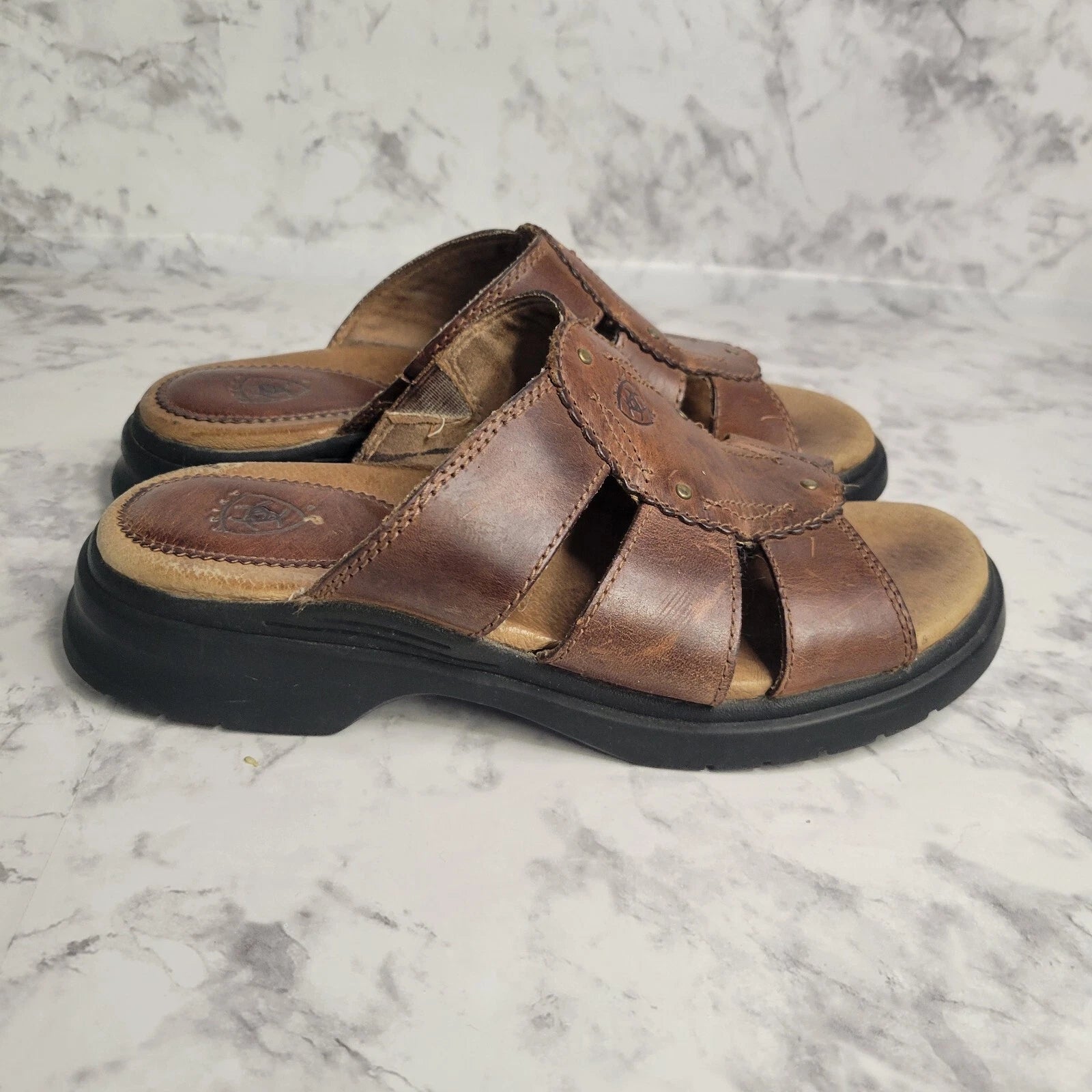 Ariat Brown Leathers Strap Brass Stud Slides Sandal Style 21443 Womens 6B Farm