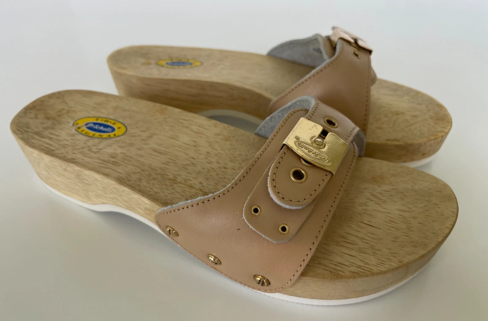 Dr. Scholl's The Original Wooden Sandals Slides Beige Leather Sz 5 M Brazil NEW
