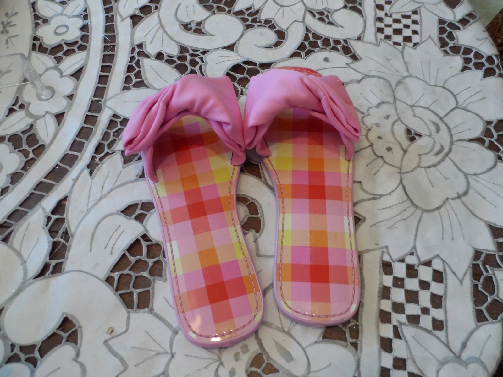 New Kate Spade New York Pink Madras Bikini Bow Slide Size 6.5B