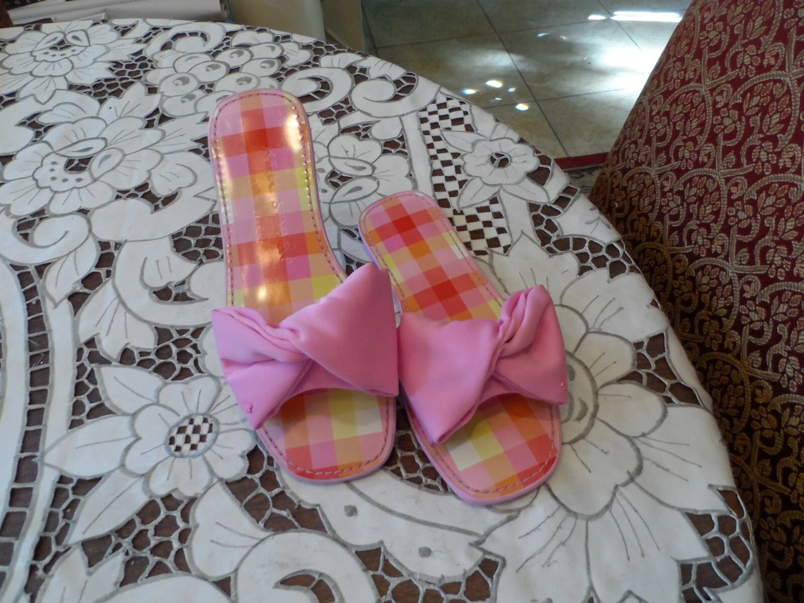 New Kate Spade New York Pink Madras Bikini Bow Slide Size 6.5B
