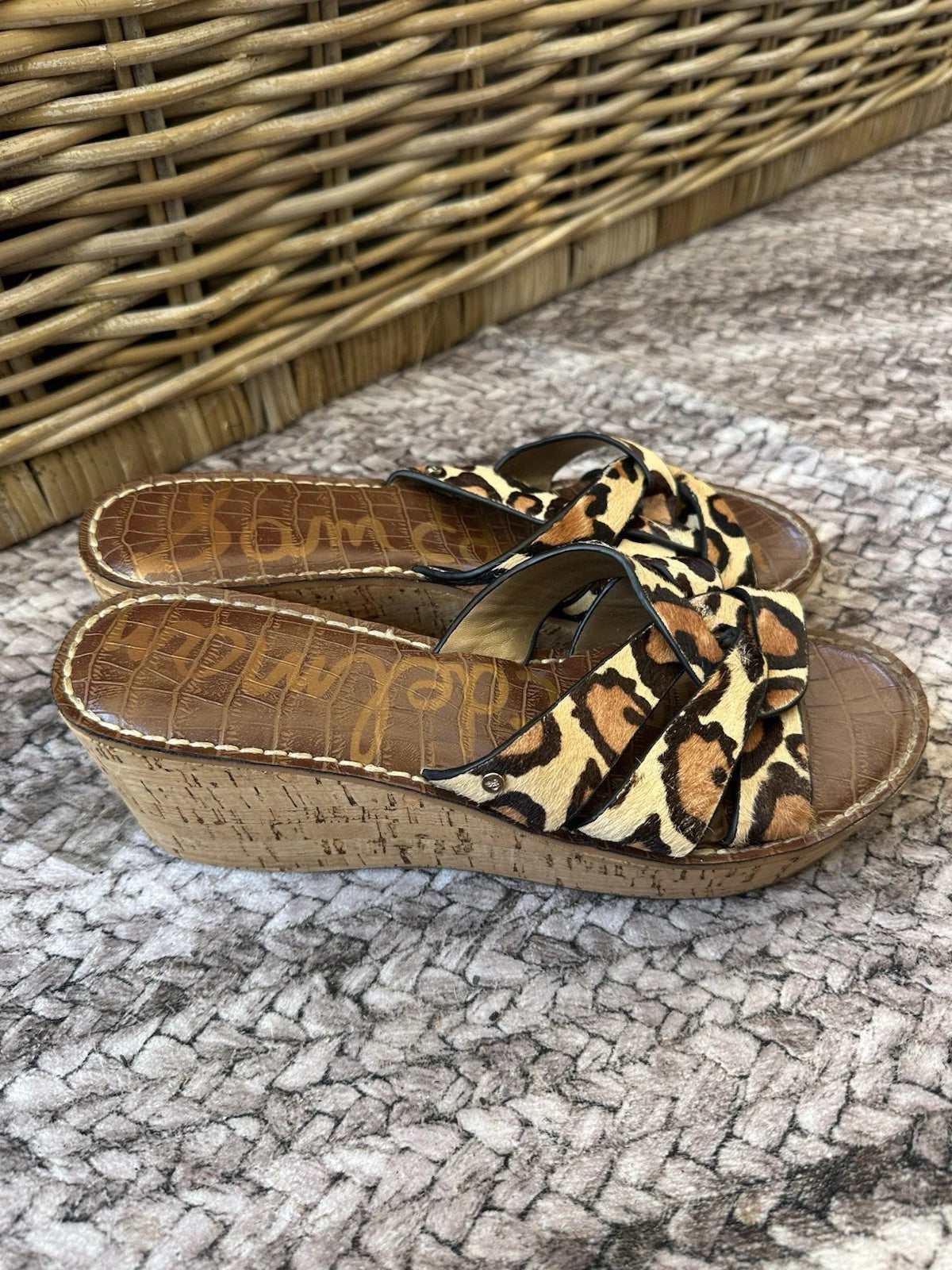 SAM EDELMAN Slide Sandals Sz 9.5Leopard Print Pony Hair Cork Platform Wedge REID