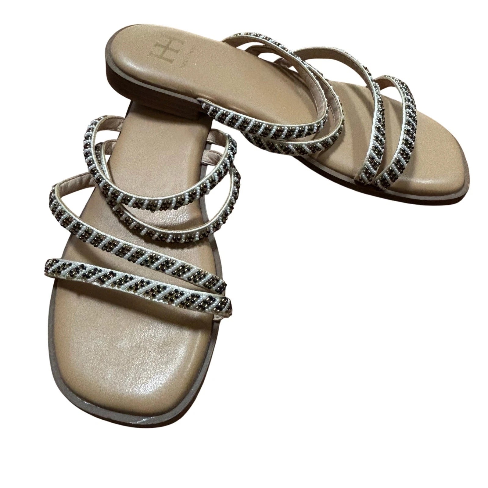 Haute Hippie slip on slides sandals beaded flats strappy resort casual US 7M