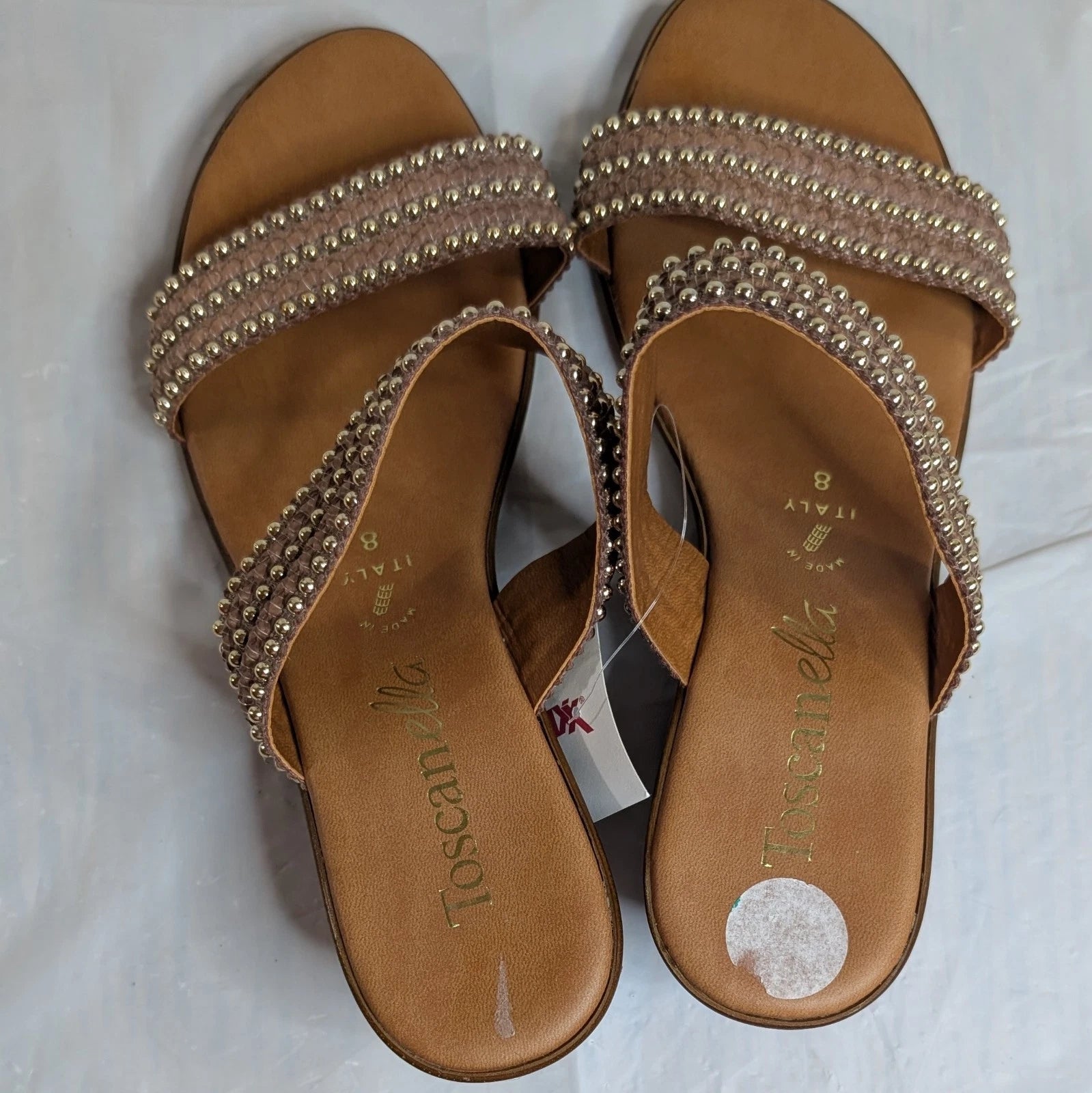 TOSCANELLA Wedge Sandals Size 8 Handmade in Italy Tan Beaded Two Band  BOHO