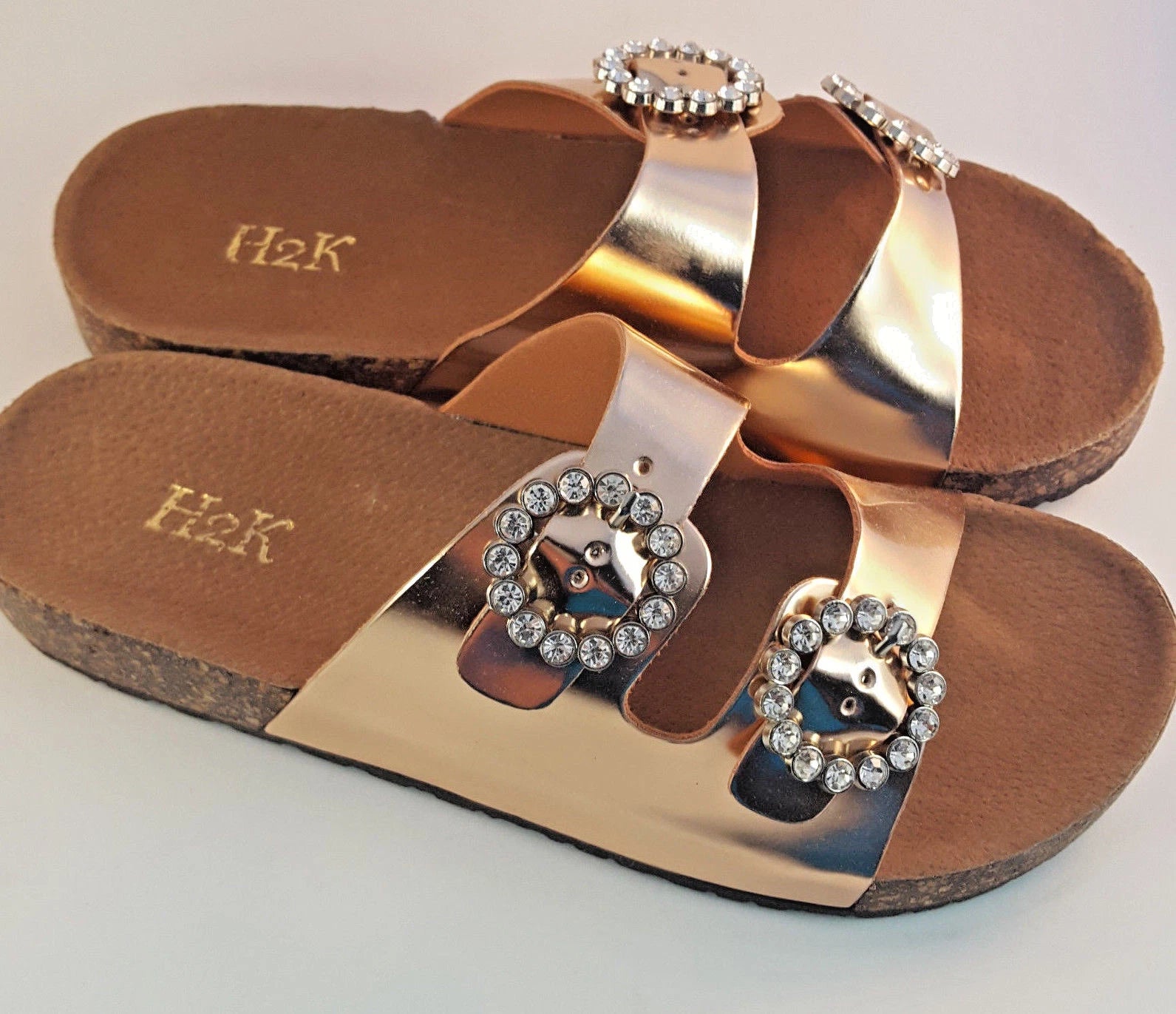 H2K KAREN STONE Buckle Ornament Rose Gold Fashion Slide Flip Flops Sandals Bling