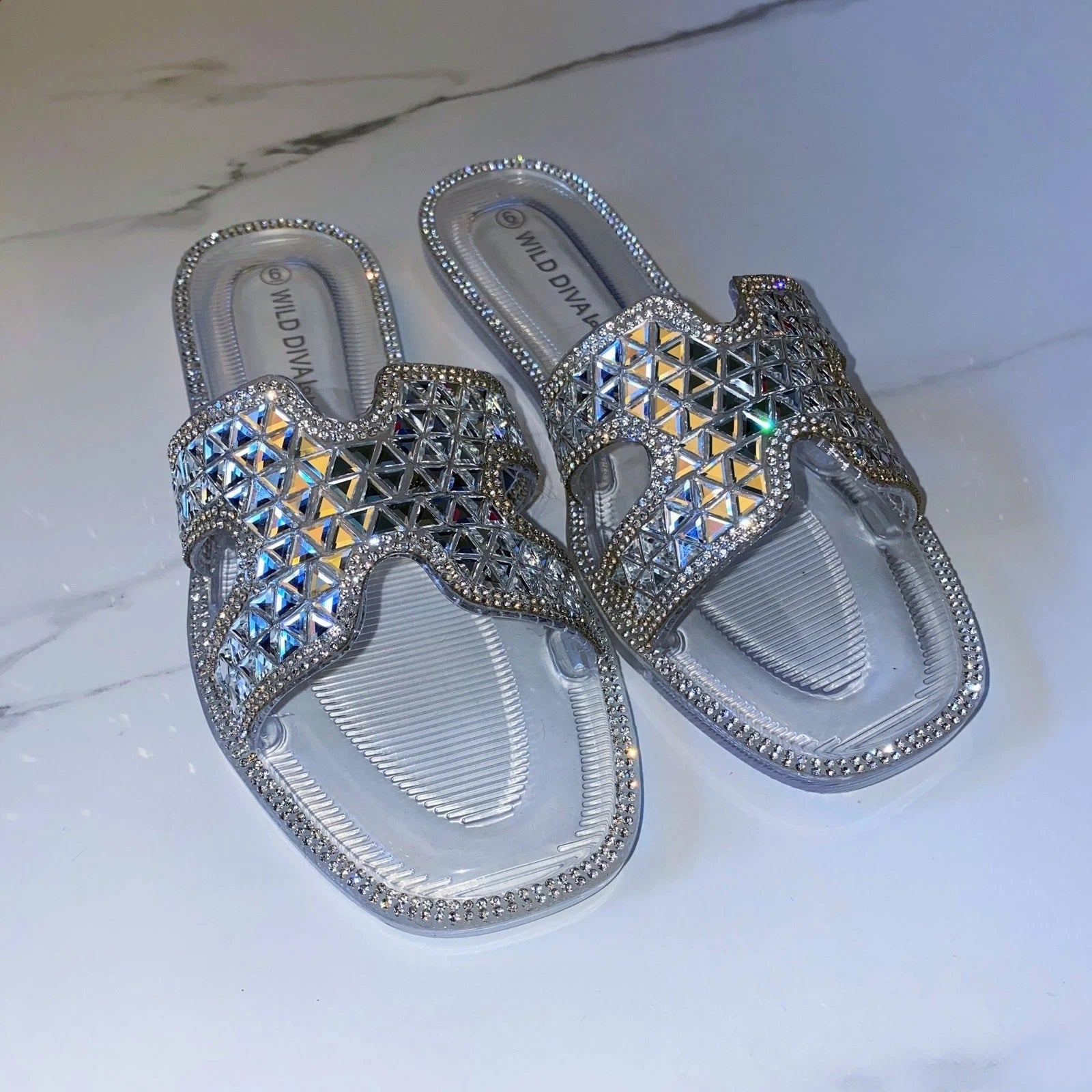NEW 2x pairs 6 Clear Black Jelly Flat Sandals Wedding Slides Rhinestone Silver