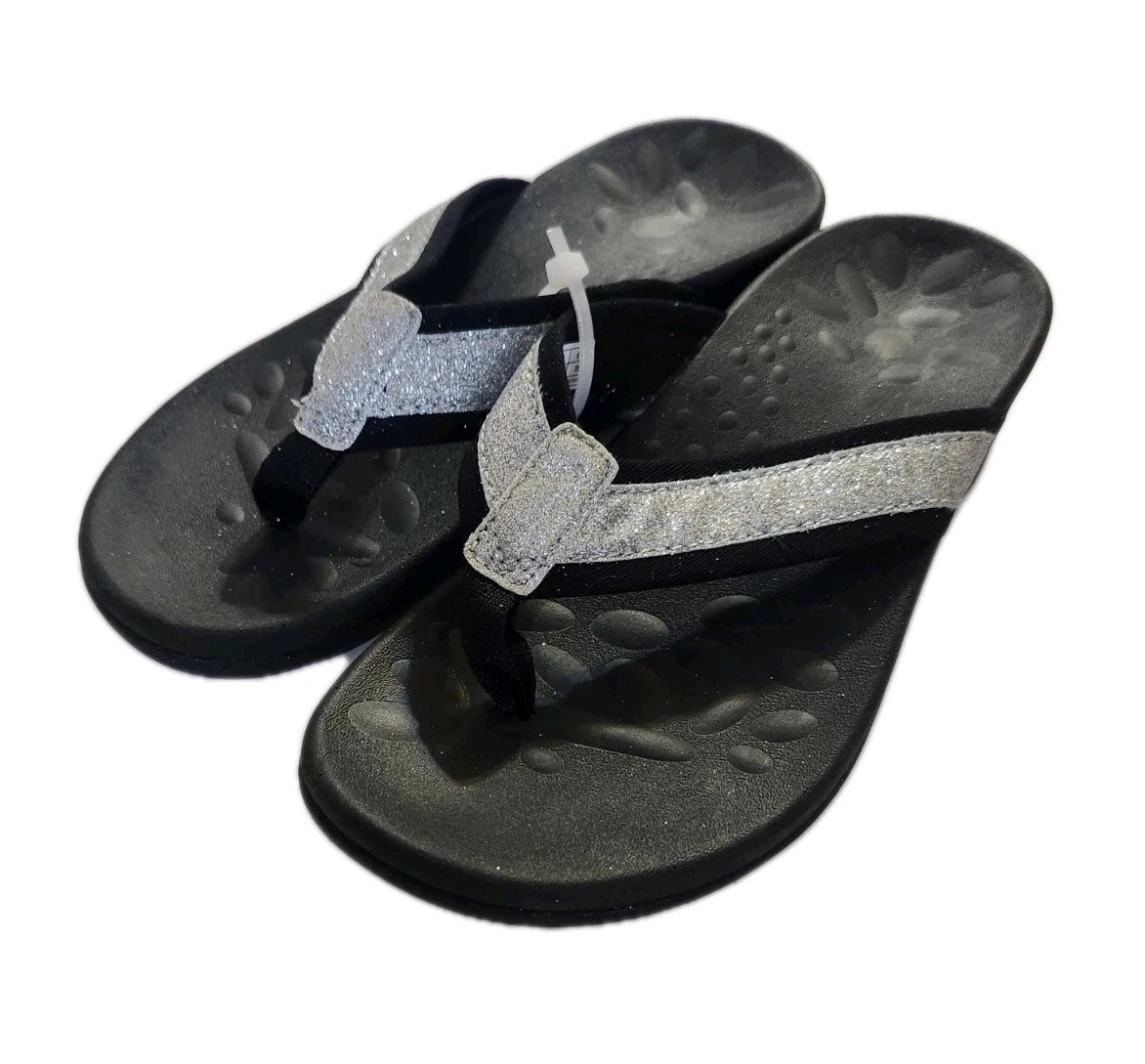 NEW! VIONICA STYLE sz 8 (38) ORTHO SILVER SPARKLE ON BLACK THONG SANDALS  SLIDES