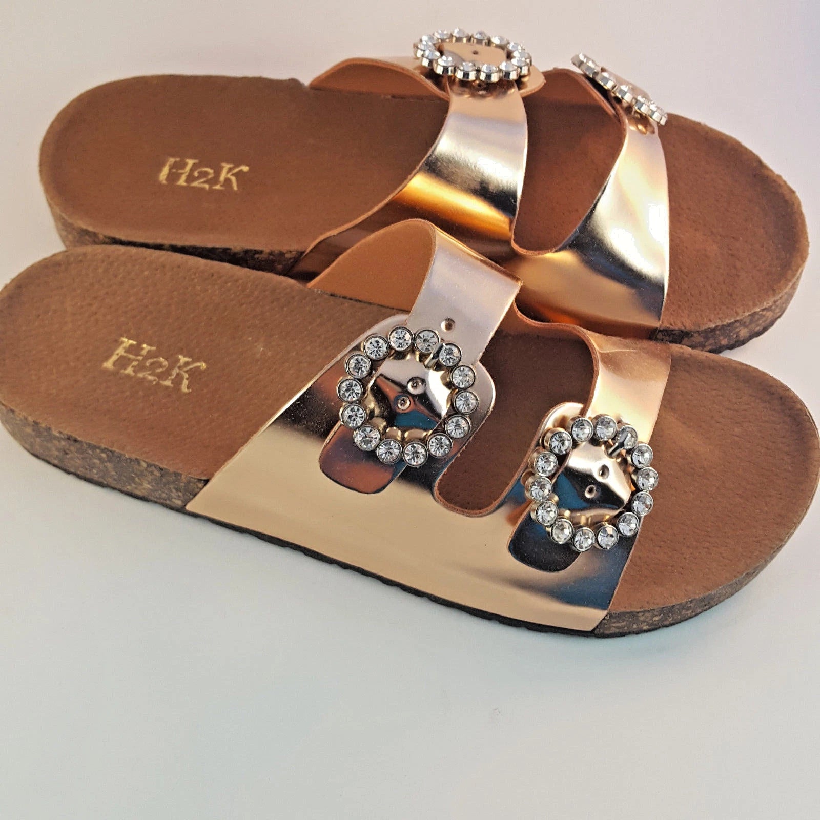 H2K KAREN STONE Buckle Ornament Rose Gold Fashion Slide Flip Flops Sandals Bling