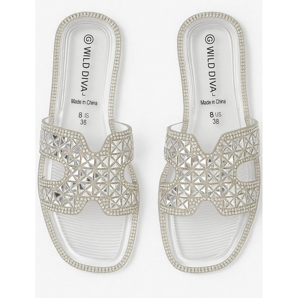 NEW 2x pairs 6 Clear Black Jelly Flat Sandals Wedding Slides Rhinestone Silver