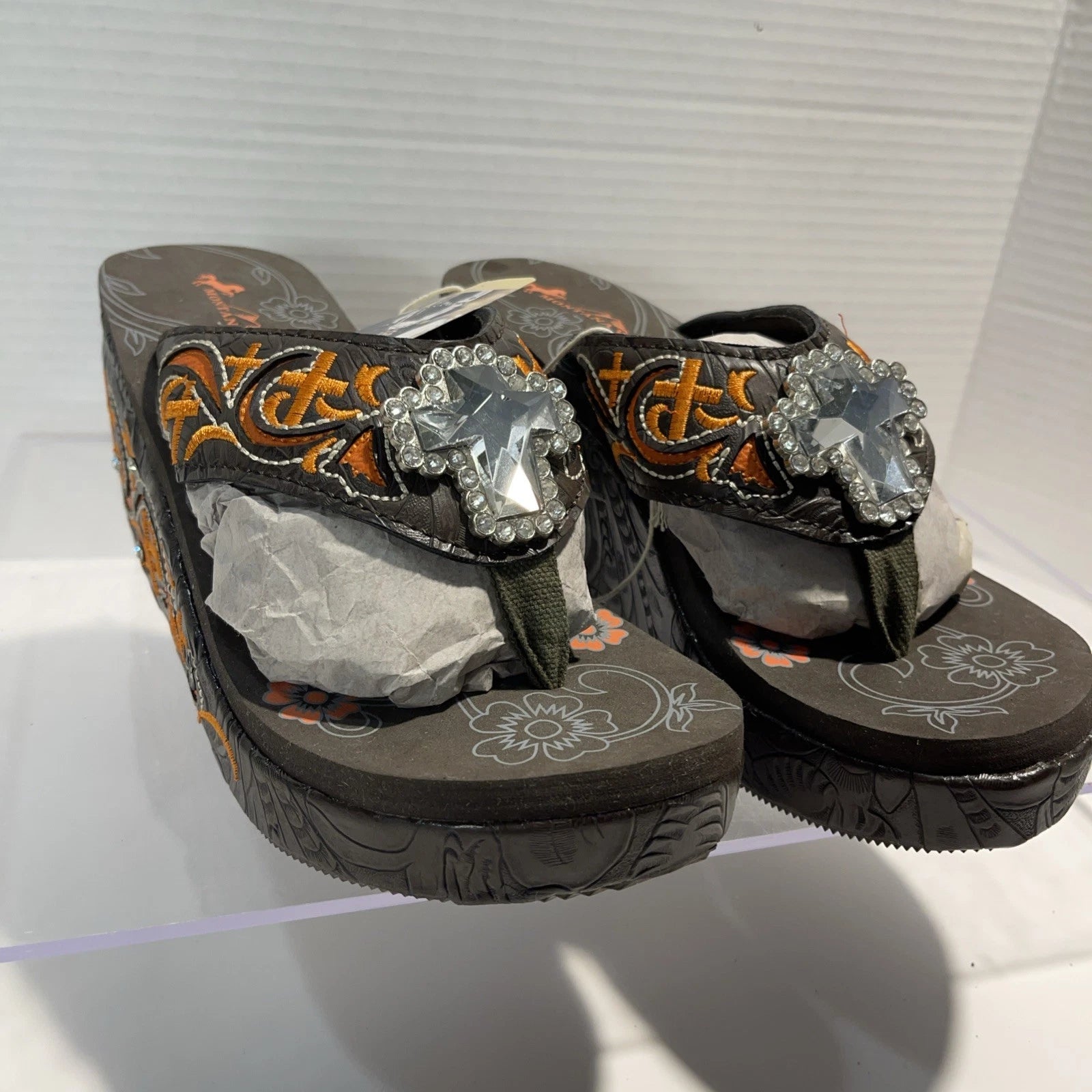 Montana West Embroidered~Rhinestone & Cross Western Style Wedge Sandals Sz 7-7.5