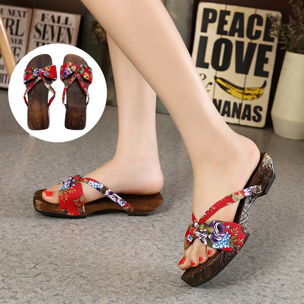 Chinese Style Wooden Clogs Women's Slide Sandals Flat Dressy for