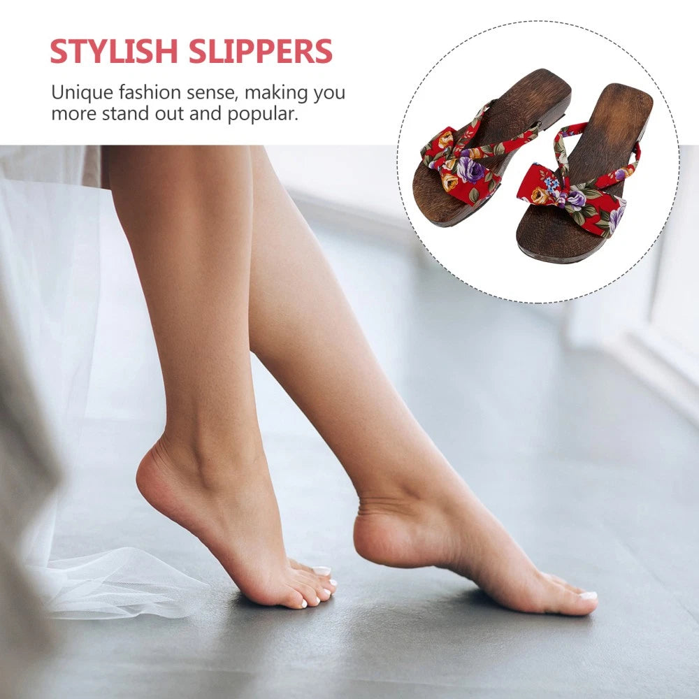 Chinese Style Wooden Clogs Women's Slide Sandals Flat Dressy for