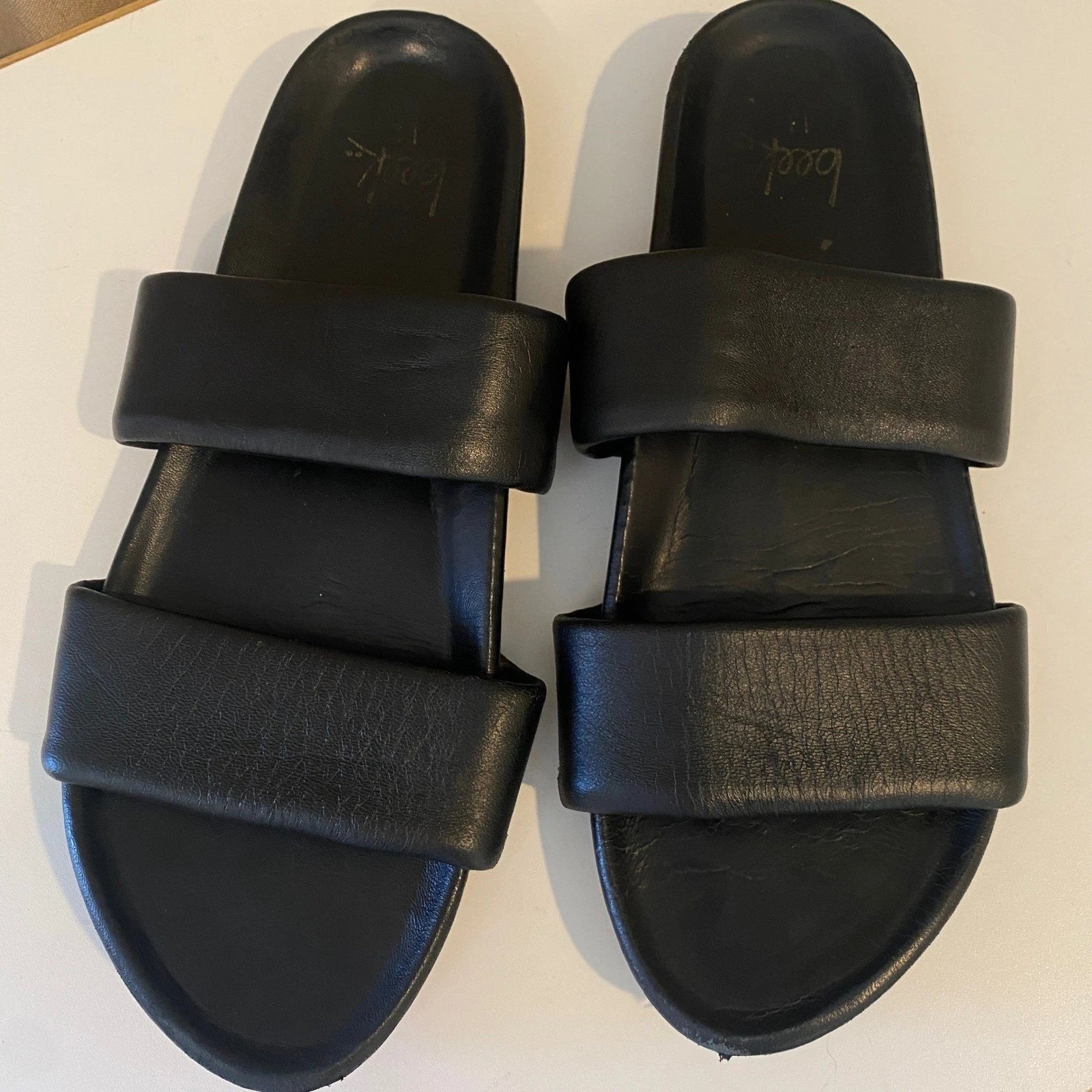 beek Black Leather Double Strap Slide Sandals Minimalist Style