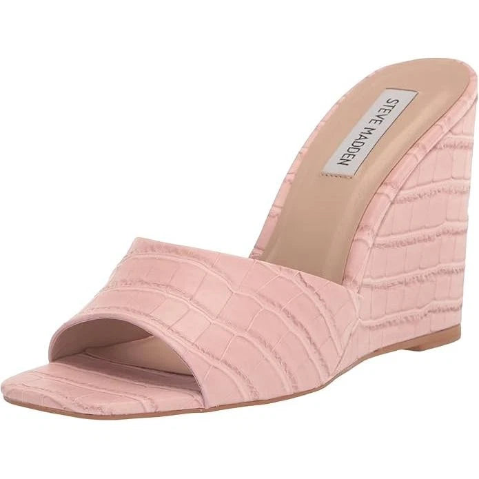 Steve Madden Croc Embossed Wedge Slide Sandal 9.5 Trendy Chic Pastel Pink Veles