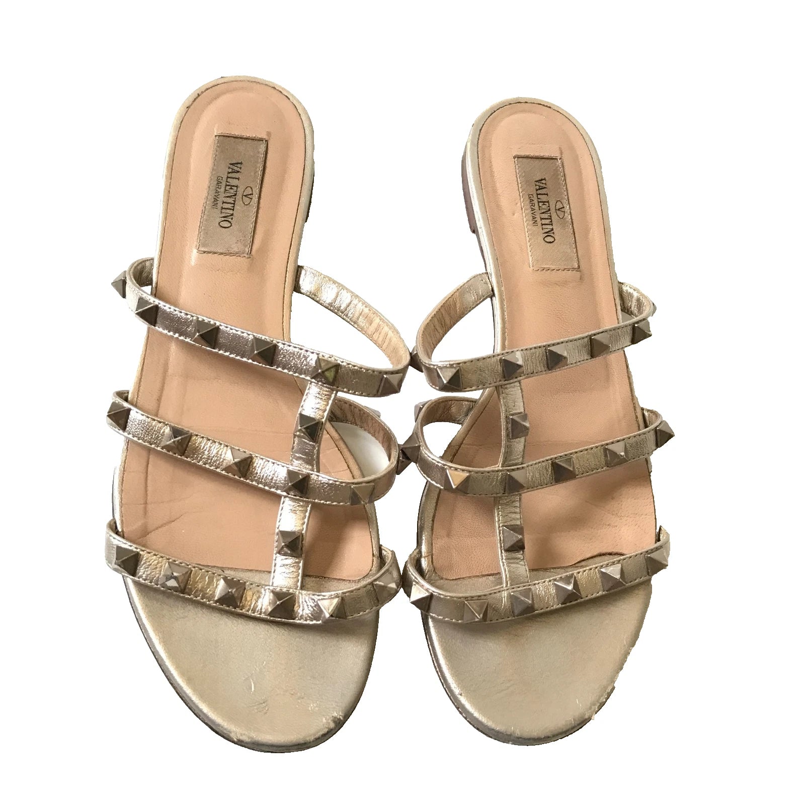 Valentino Rockstud Flat City Slide Sandals Womens 37.5 7.5 Metallic Leather Shoe