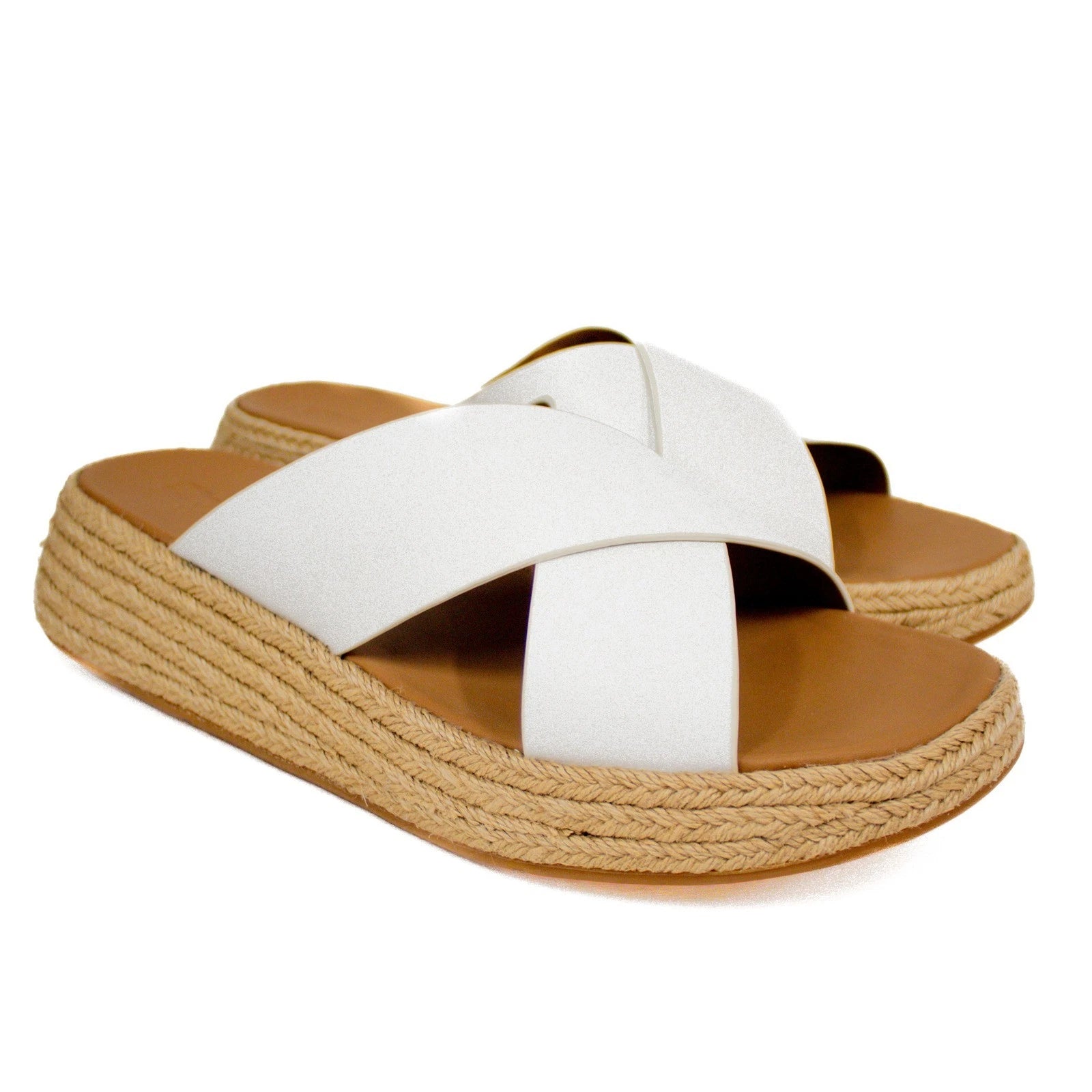 Fitflop F-Mode Leather Urban White Cross Flatform Slide Sandals Women's Size 11