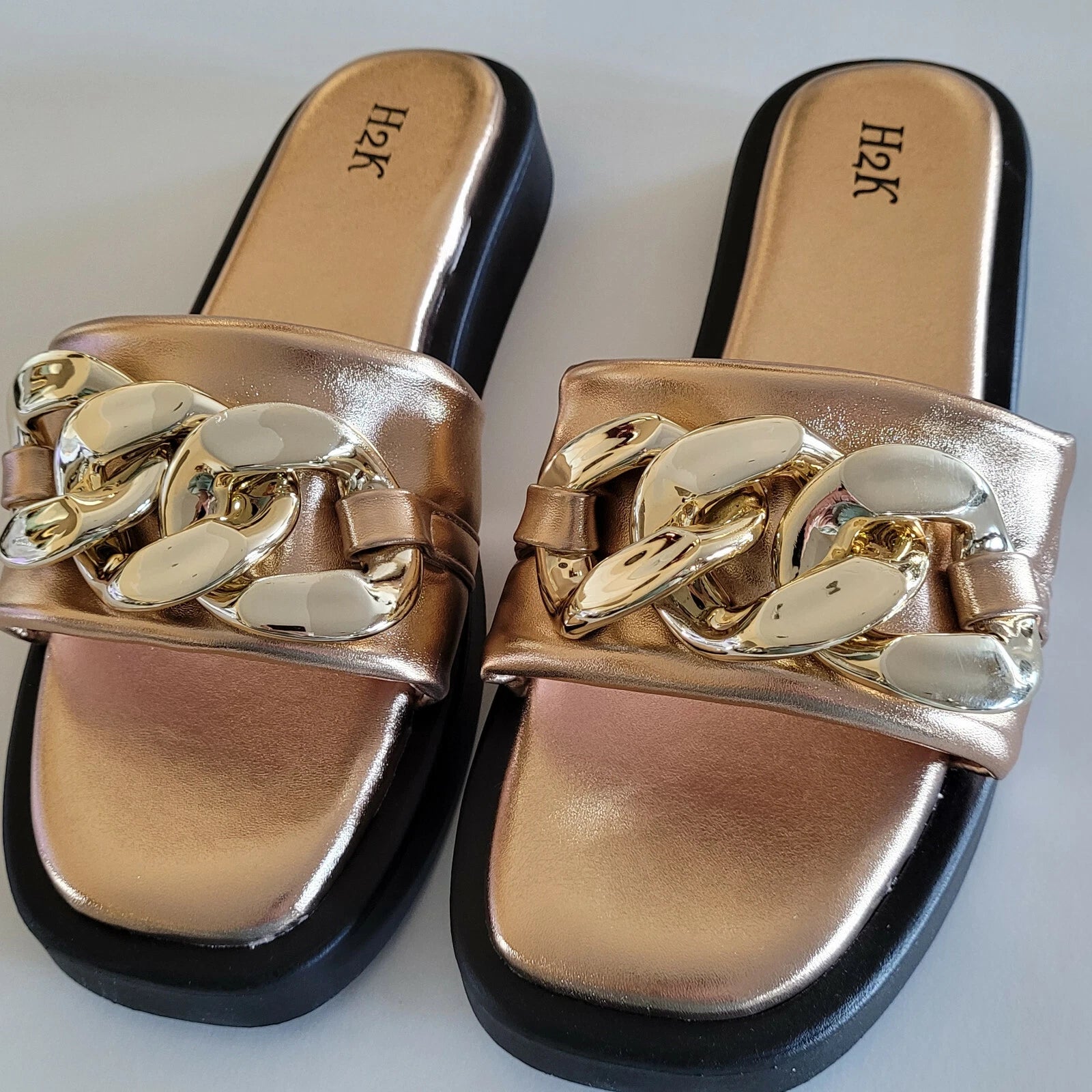 H2K Chain Rose Gold Fashion Comfort Soft Slides Flip Flops Sandals  Open Toe New