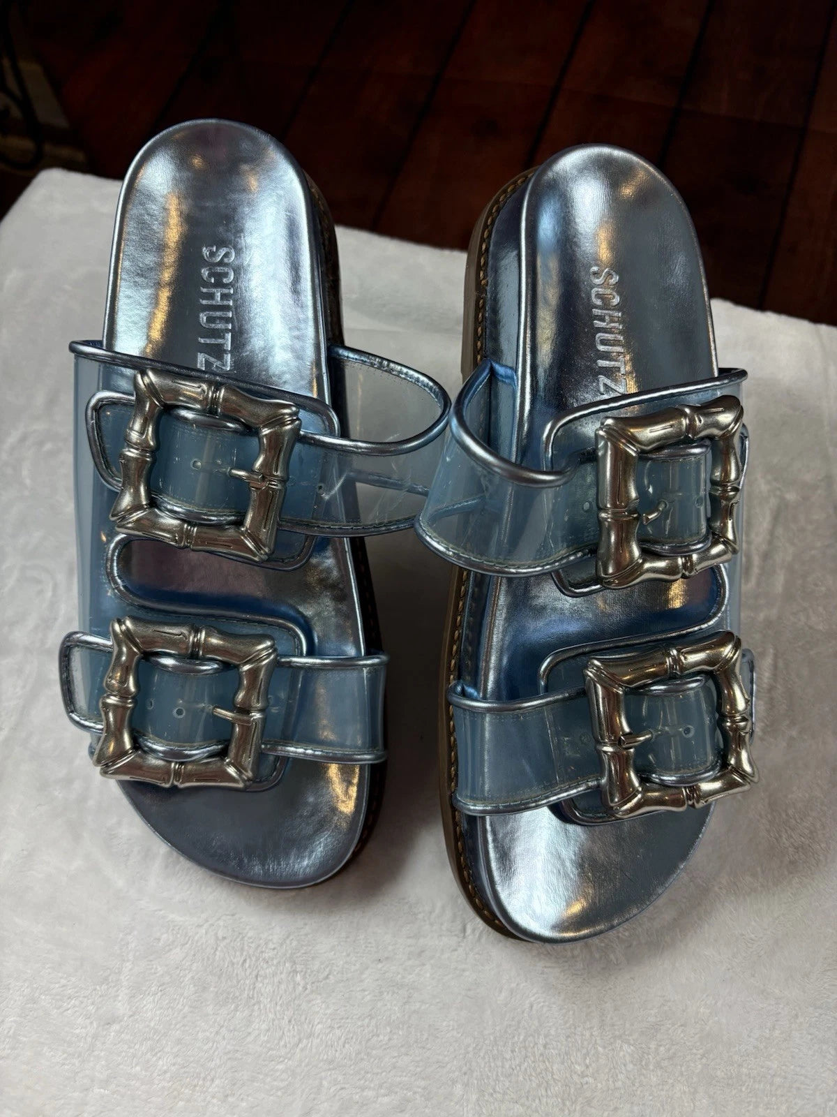 Schultz Enola sporty Metallic Blue Slides With Bamboo Style Buckles