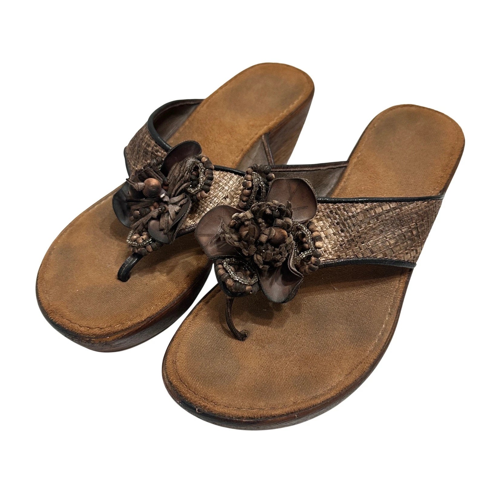 Floral Appliqué Wedge Sandals Women's 7* Made in Italy Thongs Brown Slides Artsy