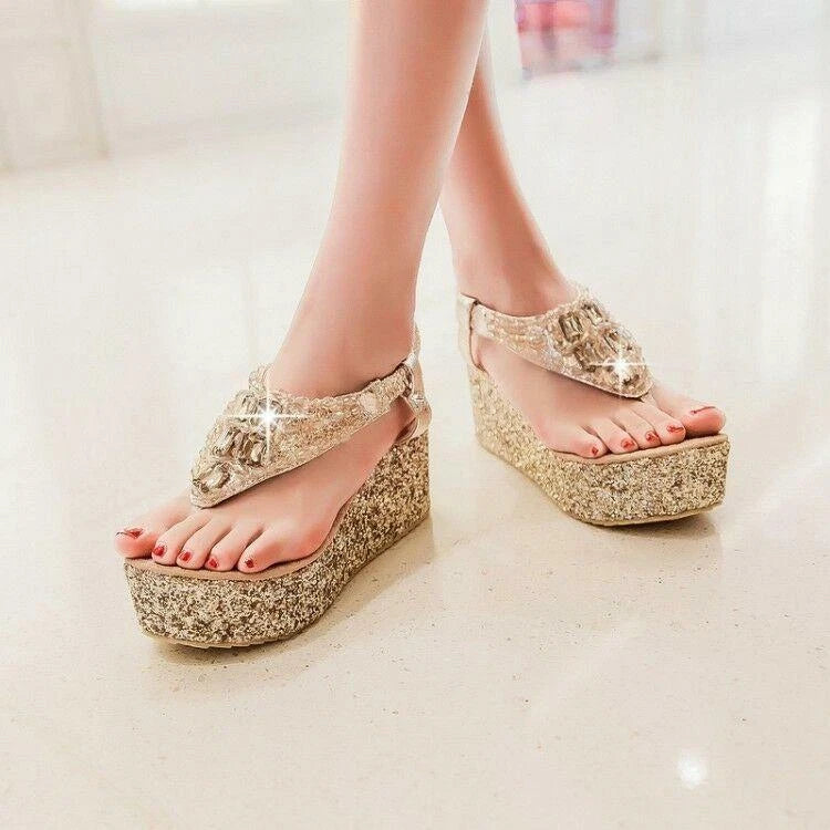 Beaded Women's Flip Flops Platform Sandals Shoes Wedge Heel Bling Roman Fashion