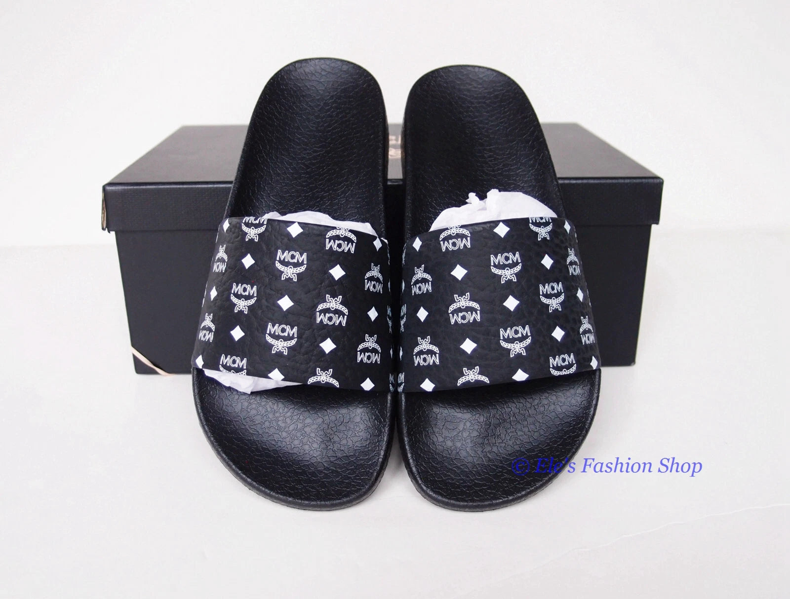 New in Box MCM Logo Slide Black Sandals EU 37 US 6.5 7 AUTHENTIC