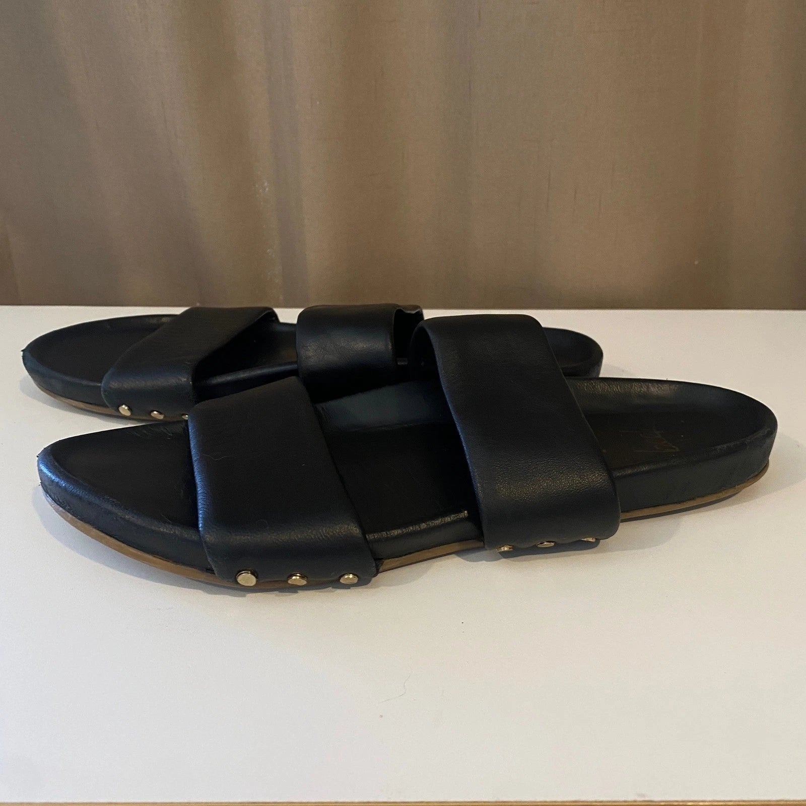 beek Black Leather Double Strap Slide Sandals Minimalist Style
