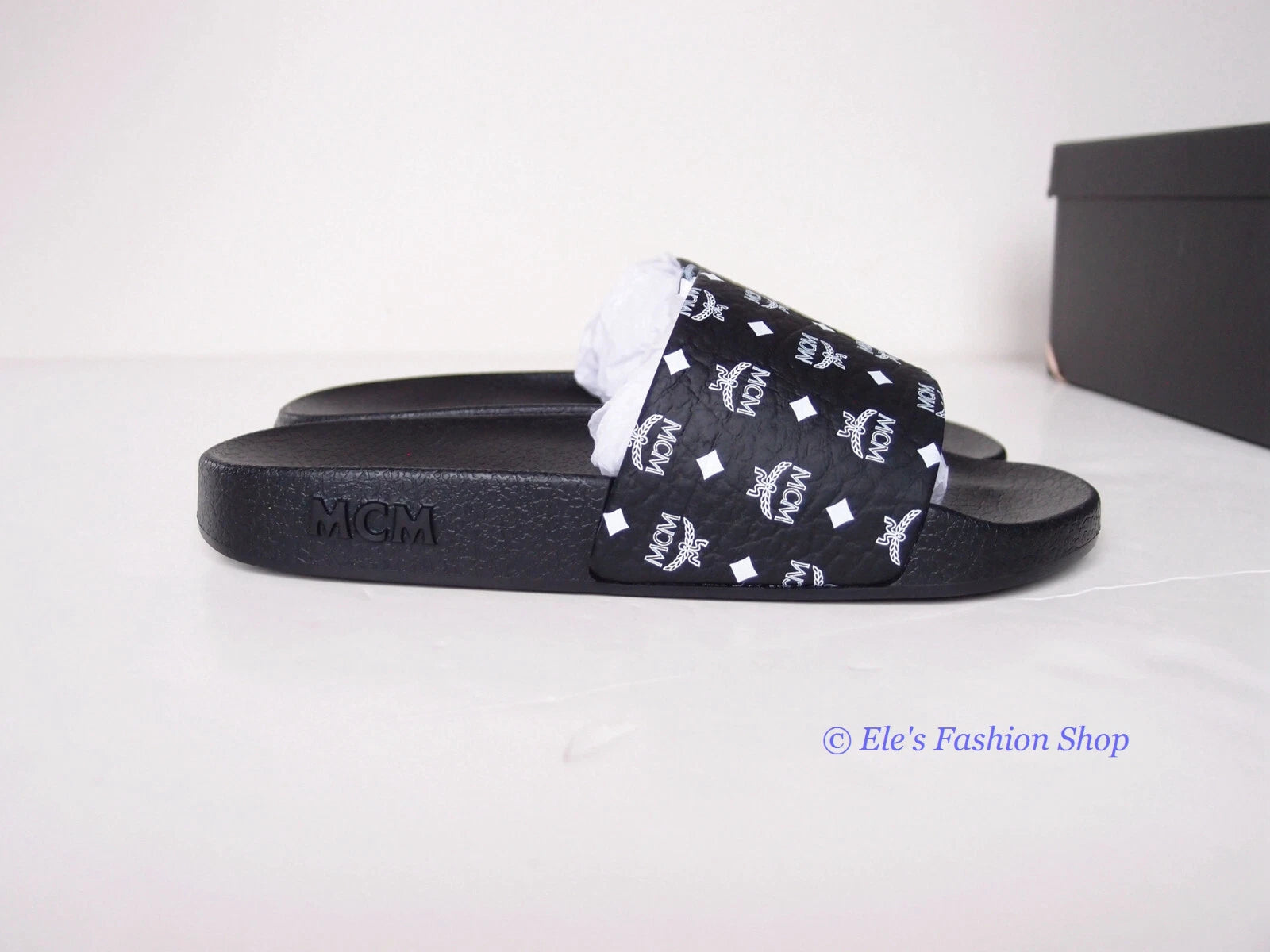New in Box MCM Logo Slide Black Sandals EU 37 US 6.5 7 AUTHENTIC