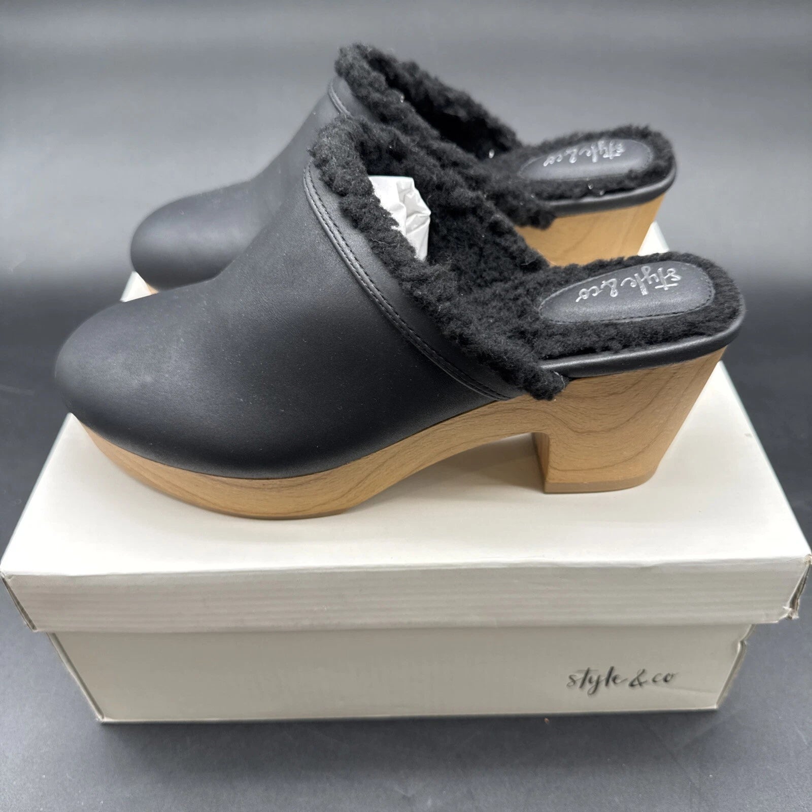 Style & Co Women's Tooma Slide Faux  Black Lined Clog Heeled Mules SZ 7.5 M NIB