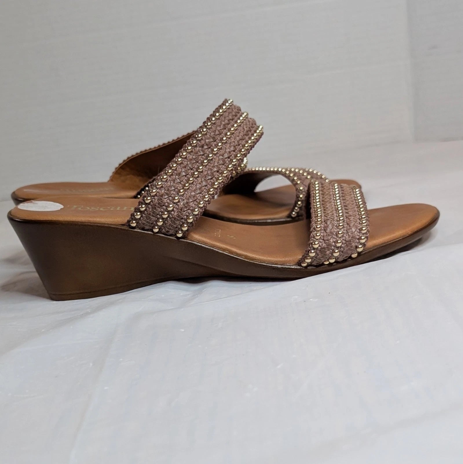 TOSCANELLA Wedge Sandals Size 8 Handmade in Italy Tan Beaded Two Band  BOHO