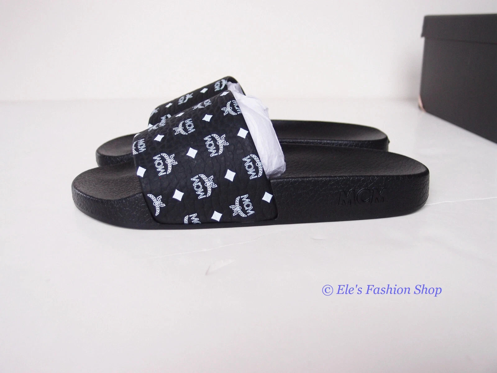 New in Box MCM Logo Slide Black Sandals EU 37 US 6.5 7 AUTHENTIC