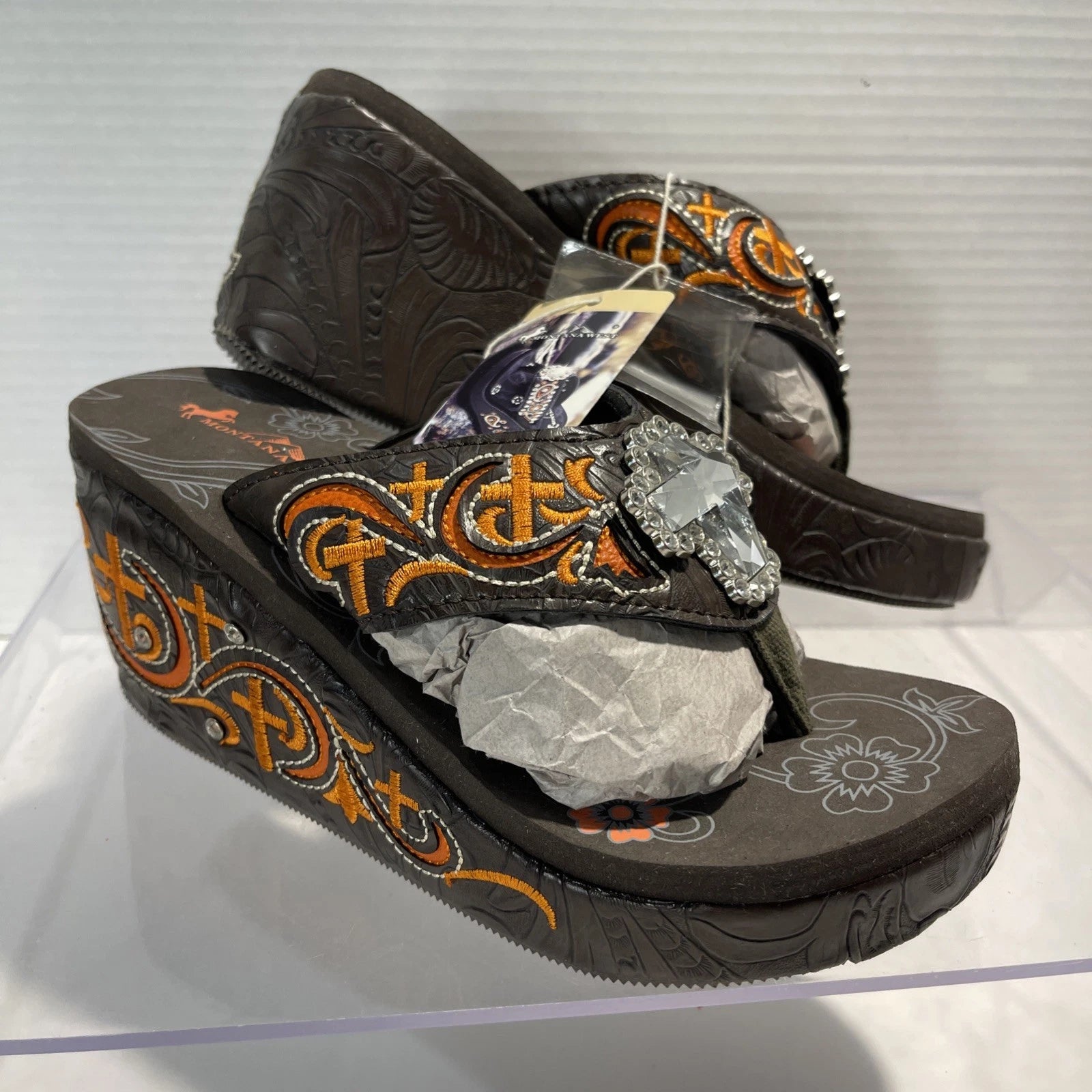 Montana West Embroidered~Rhinestone & Cross Western Style Wedge Sandals Sz 7-7.5