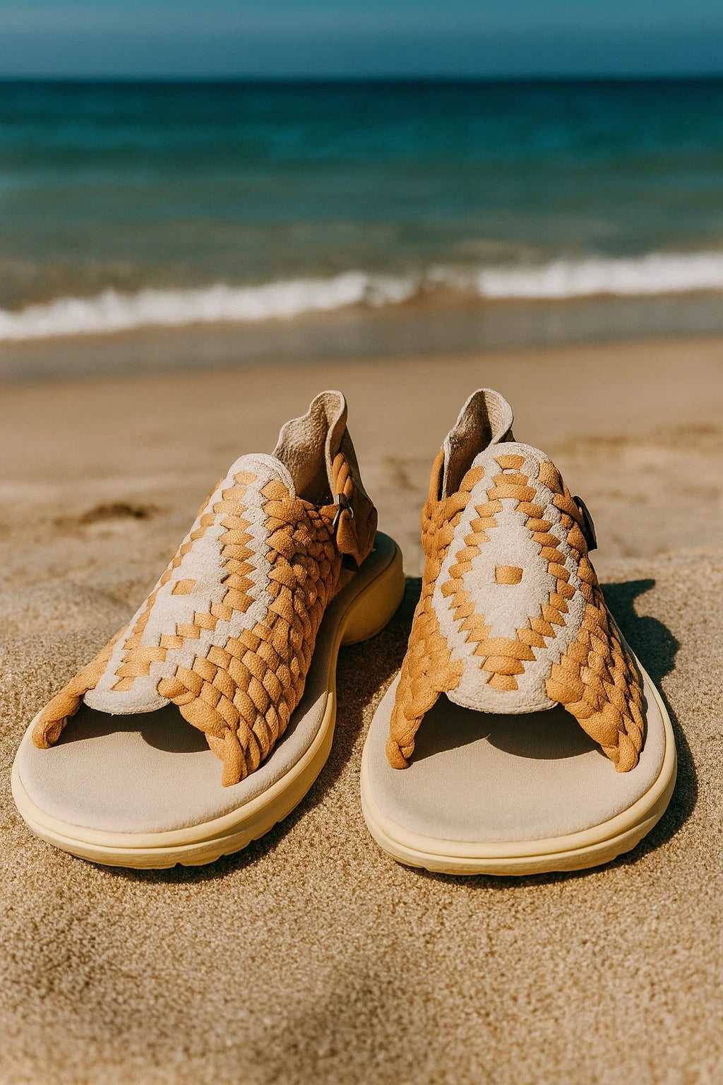 Beach Style Unisex Sandals Beige Woven Stretch Fit Leather Rubber Sole 9 US