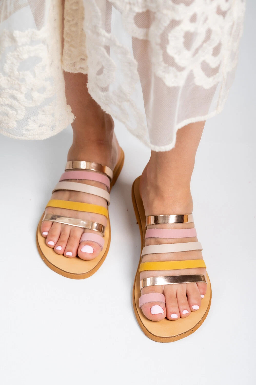 Ancient Greek style real leather strappy slide multicolor sandals handmade