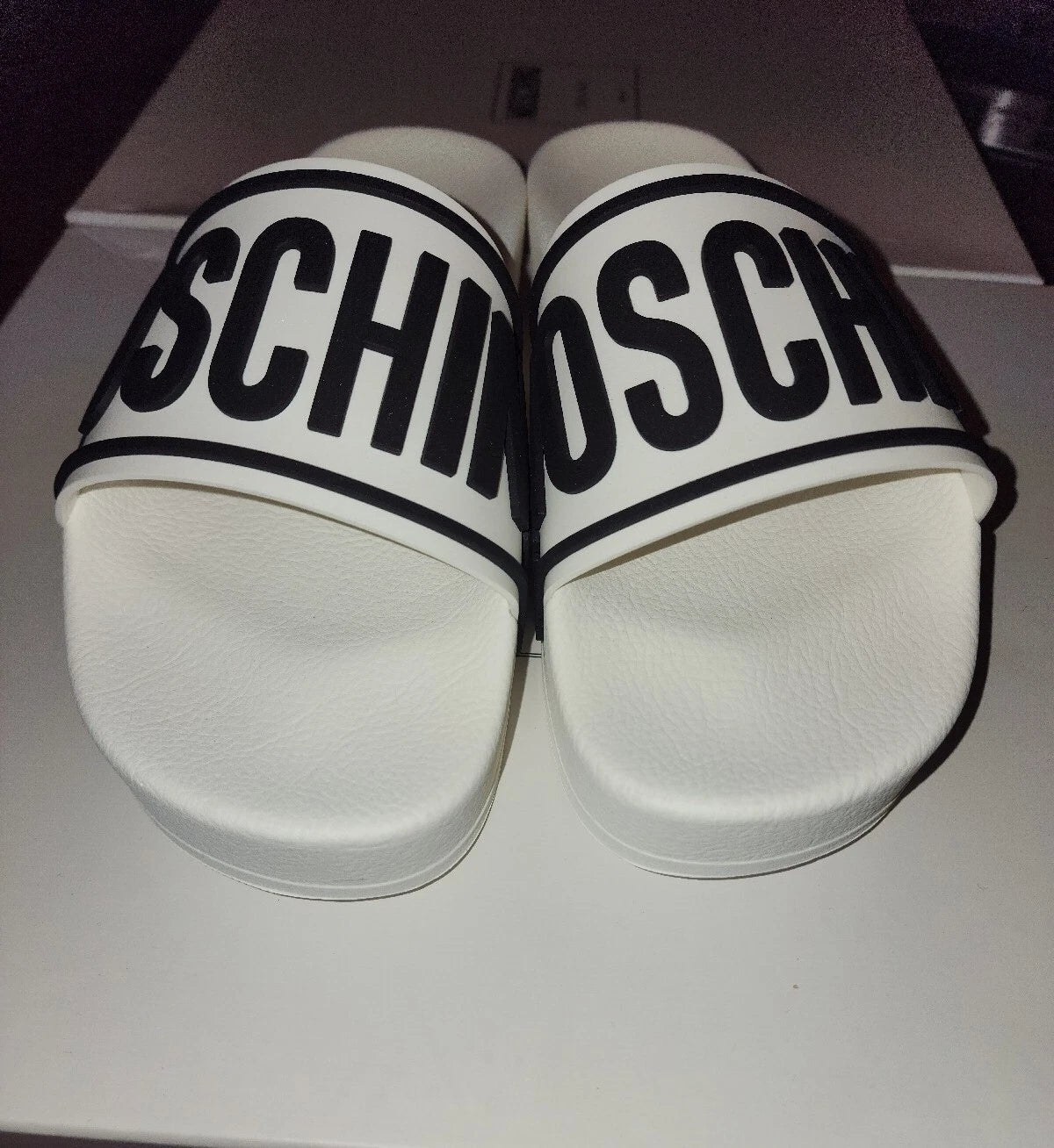 Moschino Womens 8.5 EU 41 Logo Platform Slides Sandals White Black Pool Tulum