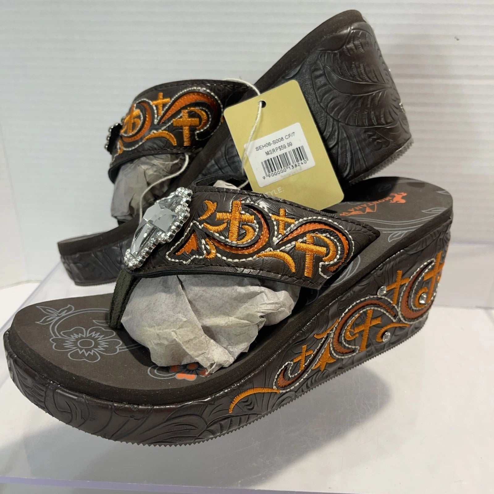 Montana West Embroidered~Rhinestone & Cross Western Style Wedge Sandals Sz 7-7.5