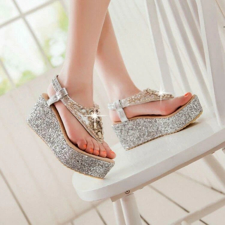 Beaded Women's Flip Flops Platform Sandals Shoes Wedge Heel Bling Roman Fashion