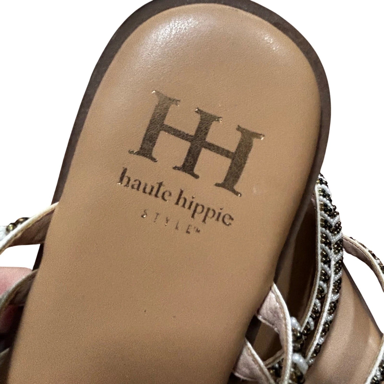 Haute Hippie slip on slides sandals beaded flats strappy resort casual US 7M