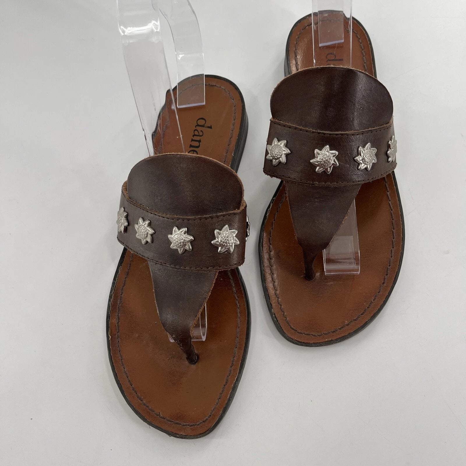 Danexx Womens Slides Sandals Brown Leather Flip Flop Style Block Heel Slip On 6