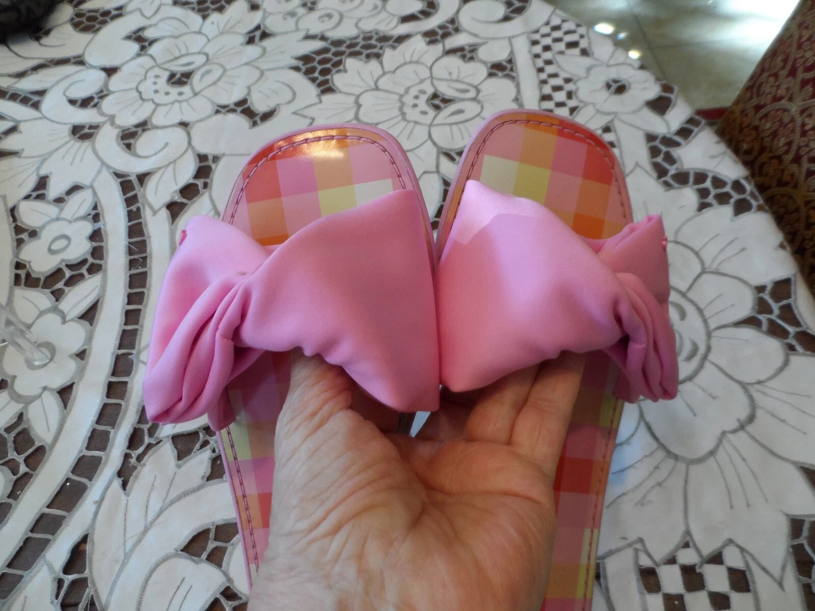 New Kate Spade New York Pink Madras Bikini Bow Slide Size 6.5B