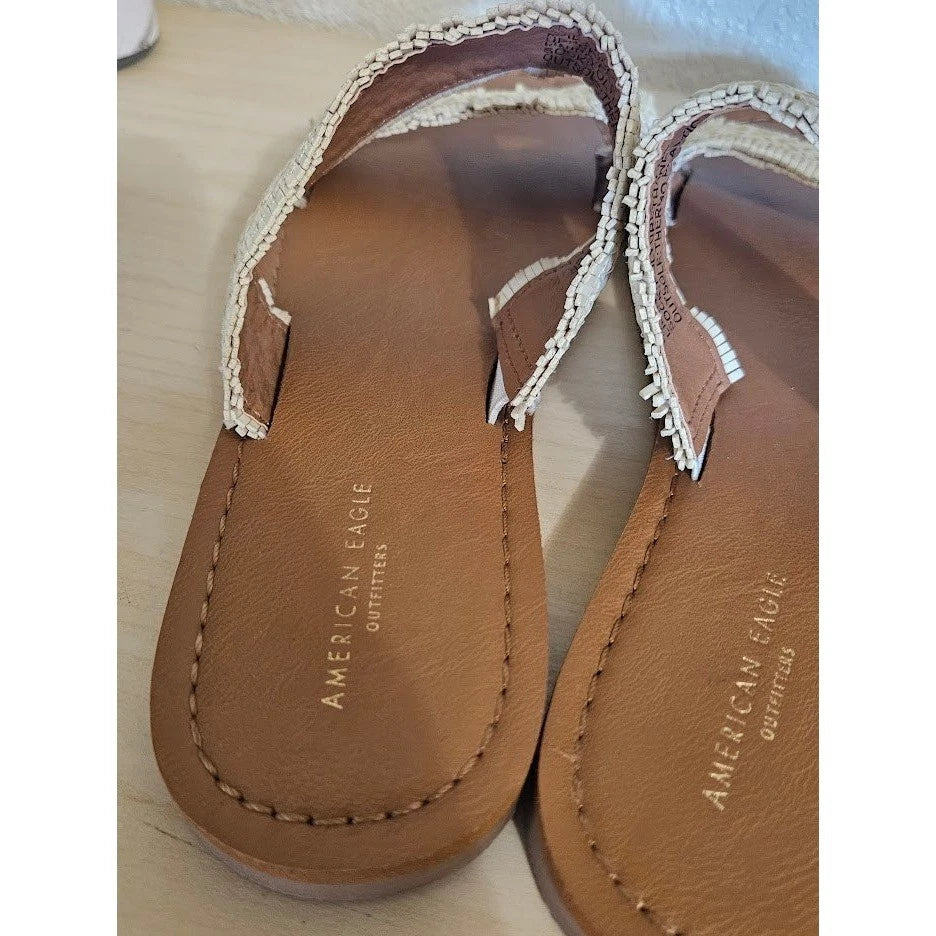American Eagle Sandals Women Size 7 Cream Woven Double Strap Slide Boho Summer