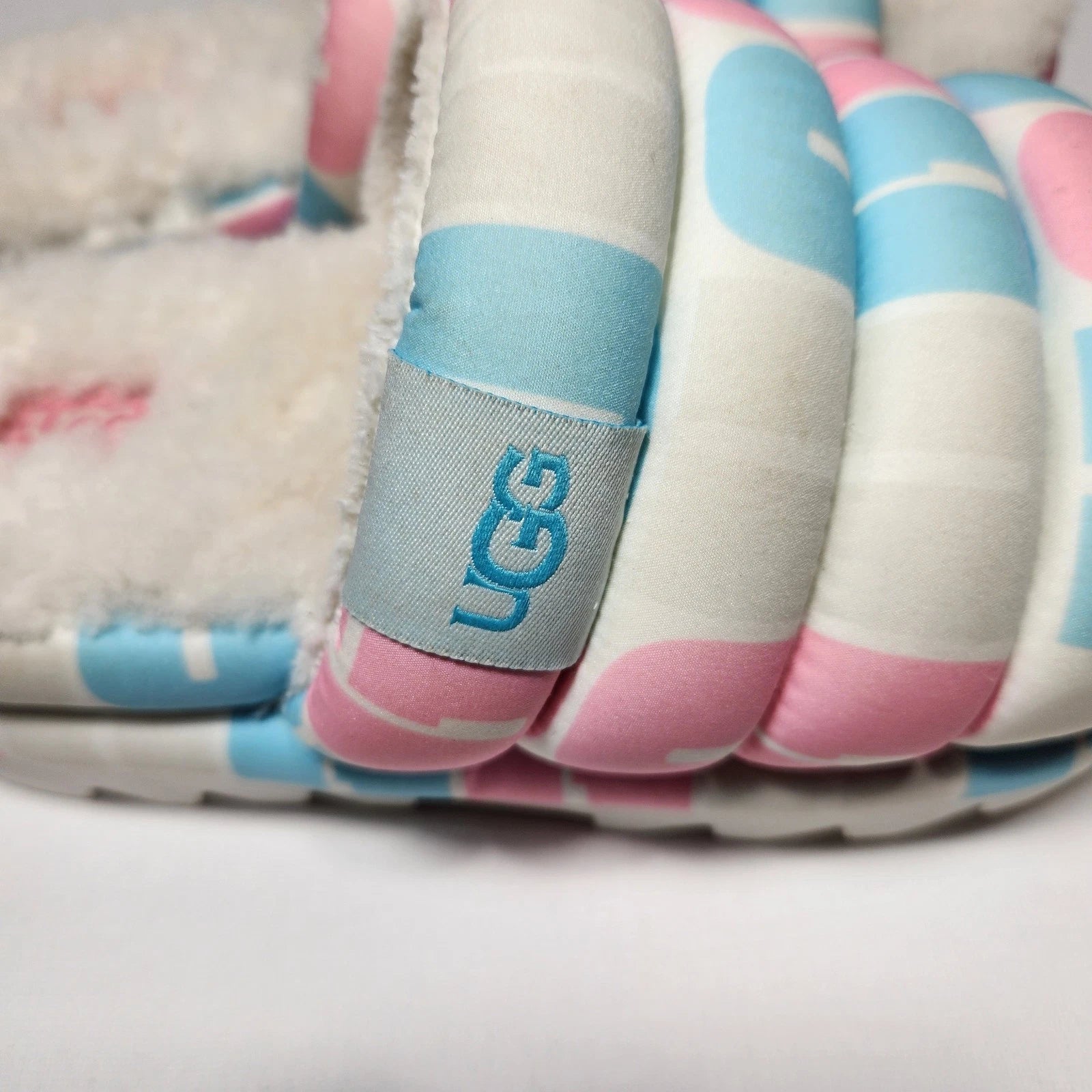 UGG Unisex Chunky Maxi Platform Sheepskin Slide Sandals Pink/Blue Sz W 8.5 /M 7