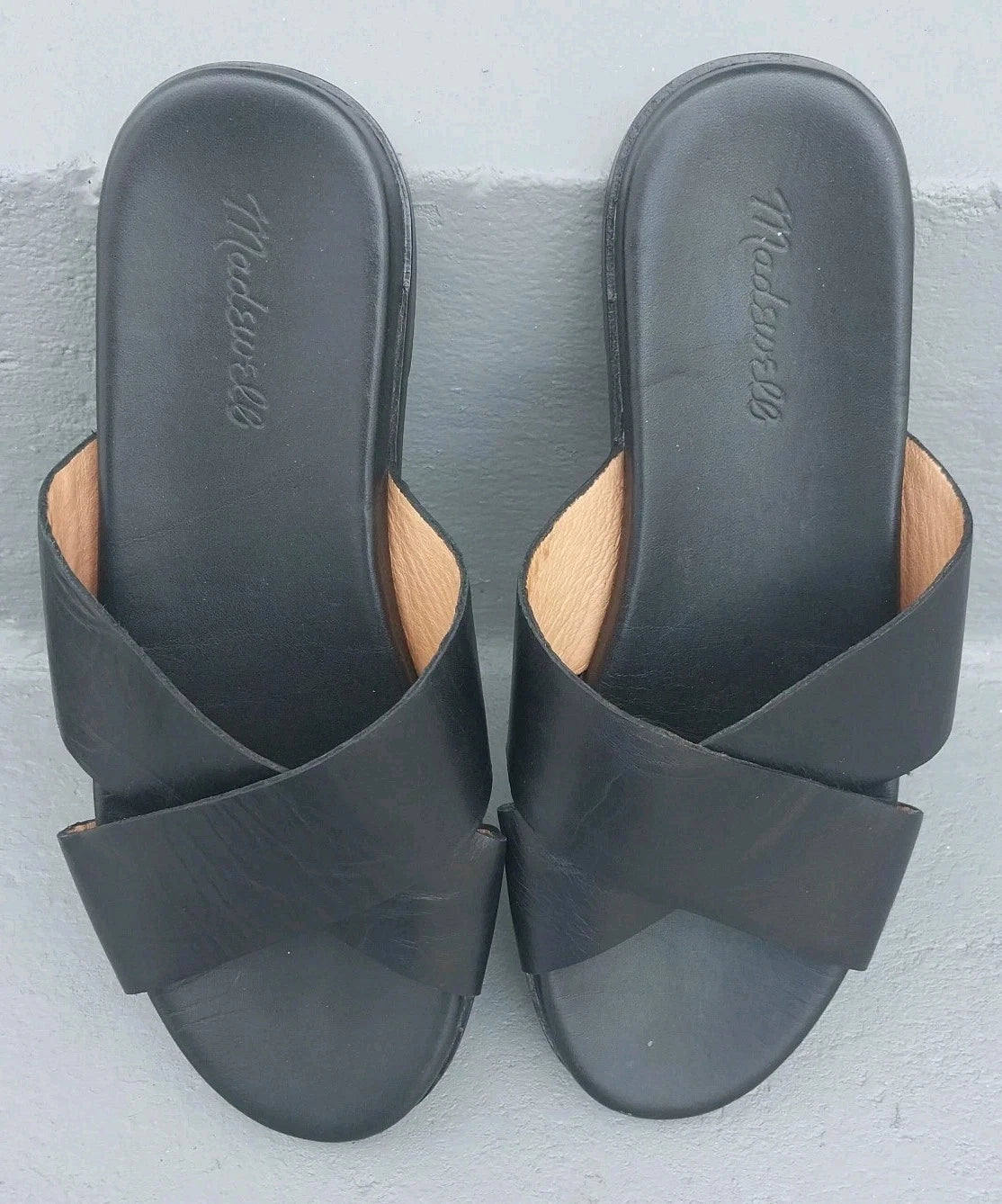 MADEWELL Size (9) Black Women's Upper Leather Criss-Cross Slip On Sandals