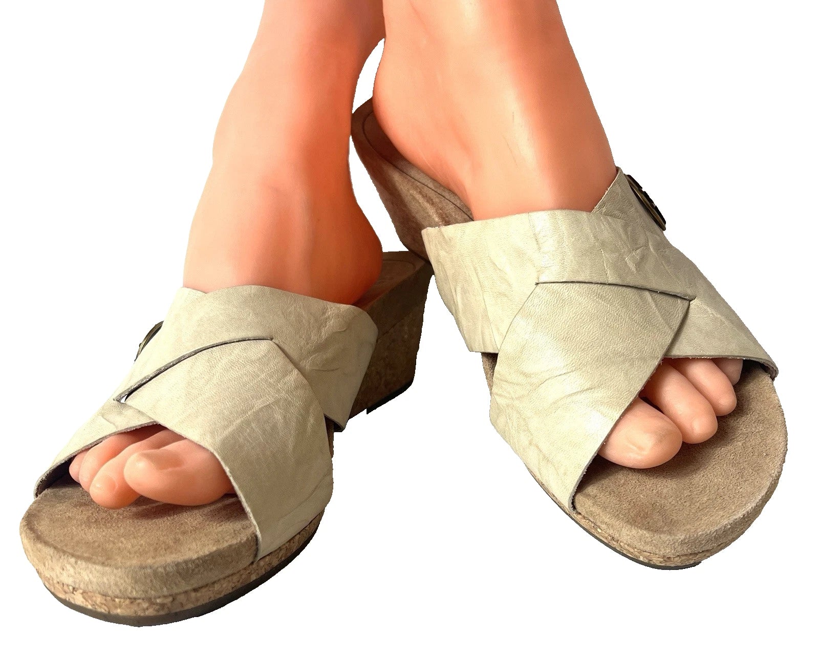 UGG Women's 9 Beige Leather Cross Slide Cork Wedge Summer Casual Sandals Slip On