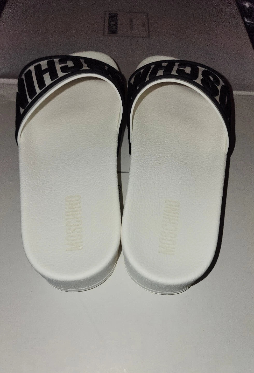 Moschino Womens 8.5 EU 41 Logo Platform Slides Sandals White Black Pool Tulum