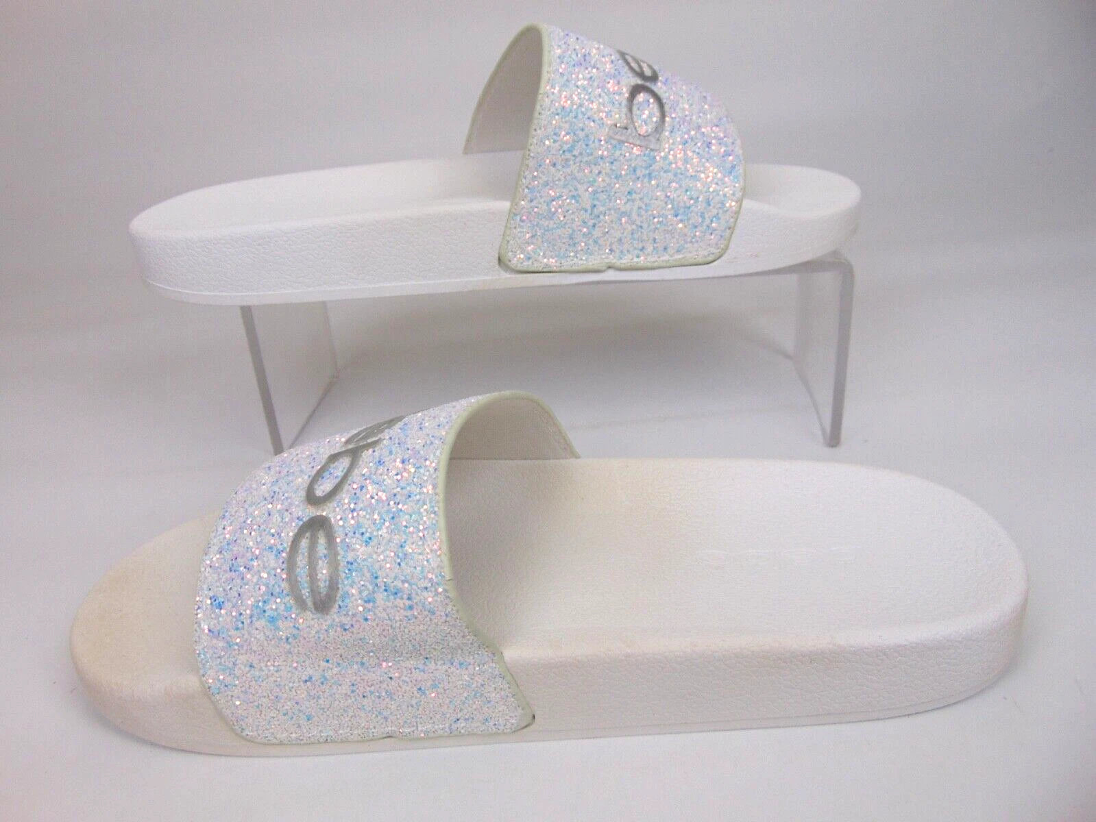 Bebe Womens Fraida Glitter Slide Fashion Sandals Flats Size 7.0 M, White Glitte