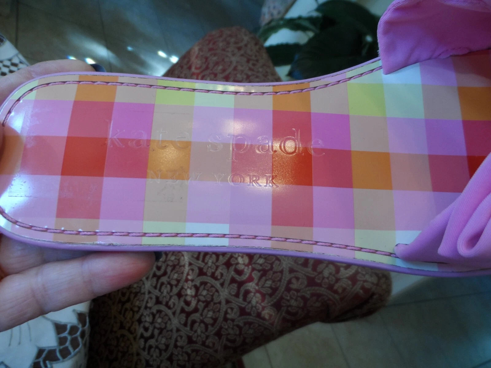 New Kate Spade New York Pink Madras Bikini Bow Slide Size 6.5B