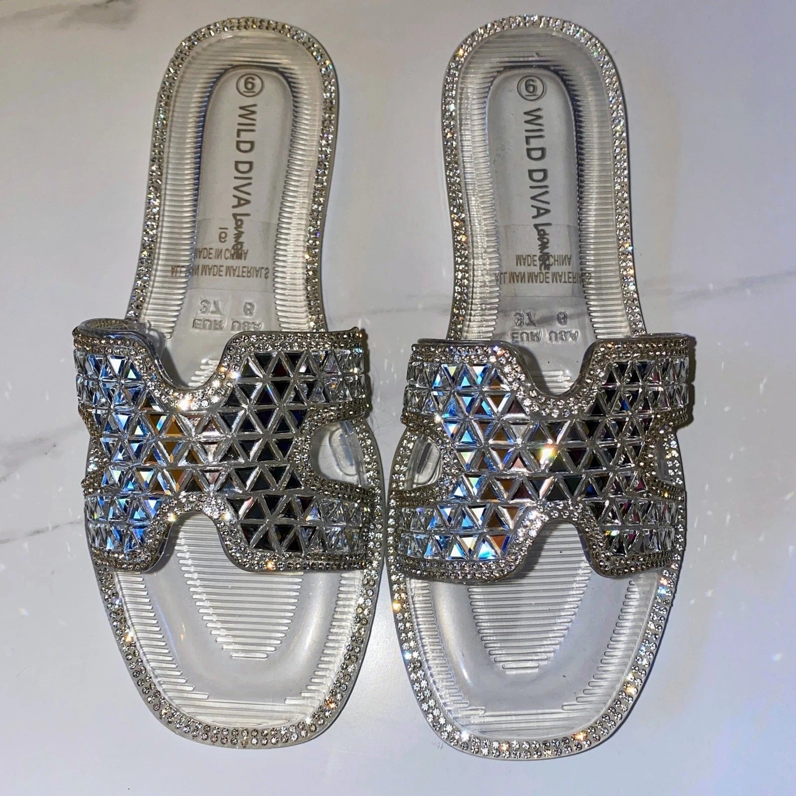 NEW 2x pairs 6 Clear Black Jelly Flat Sandals Wedding Slides Rhinestone Silver