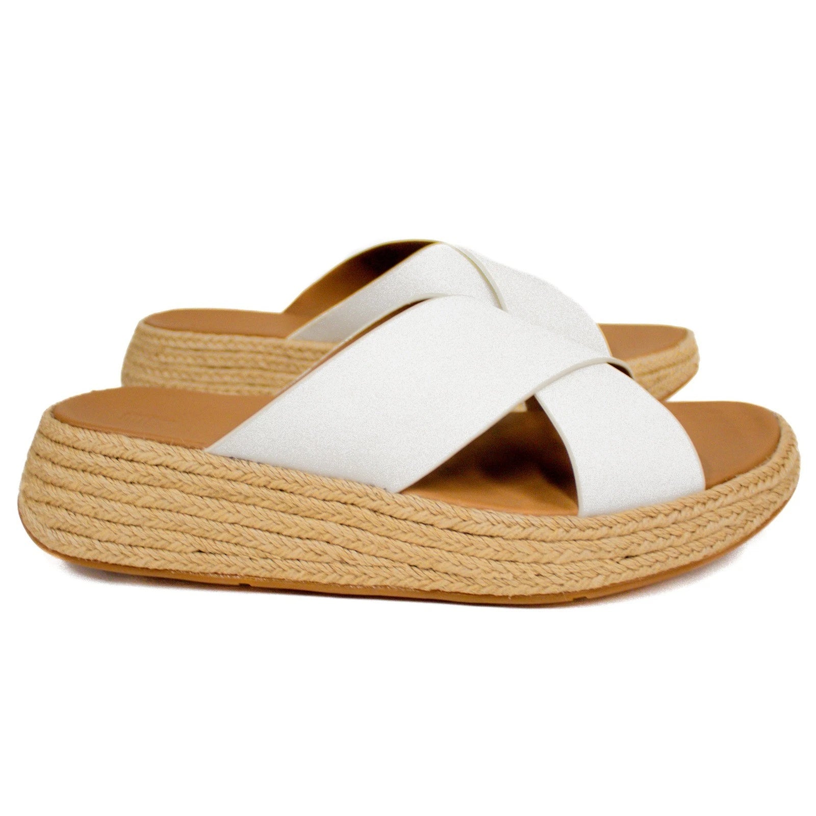 Fitflop F-Mode Leather Urban White Cross Flatform Slide Sandals Women's Size 11