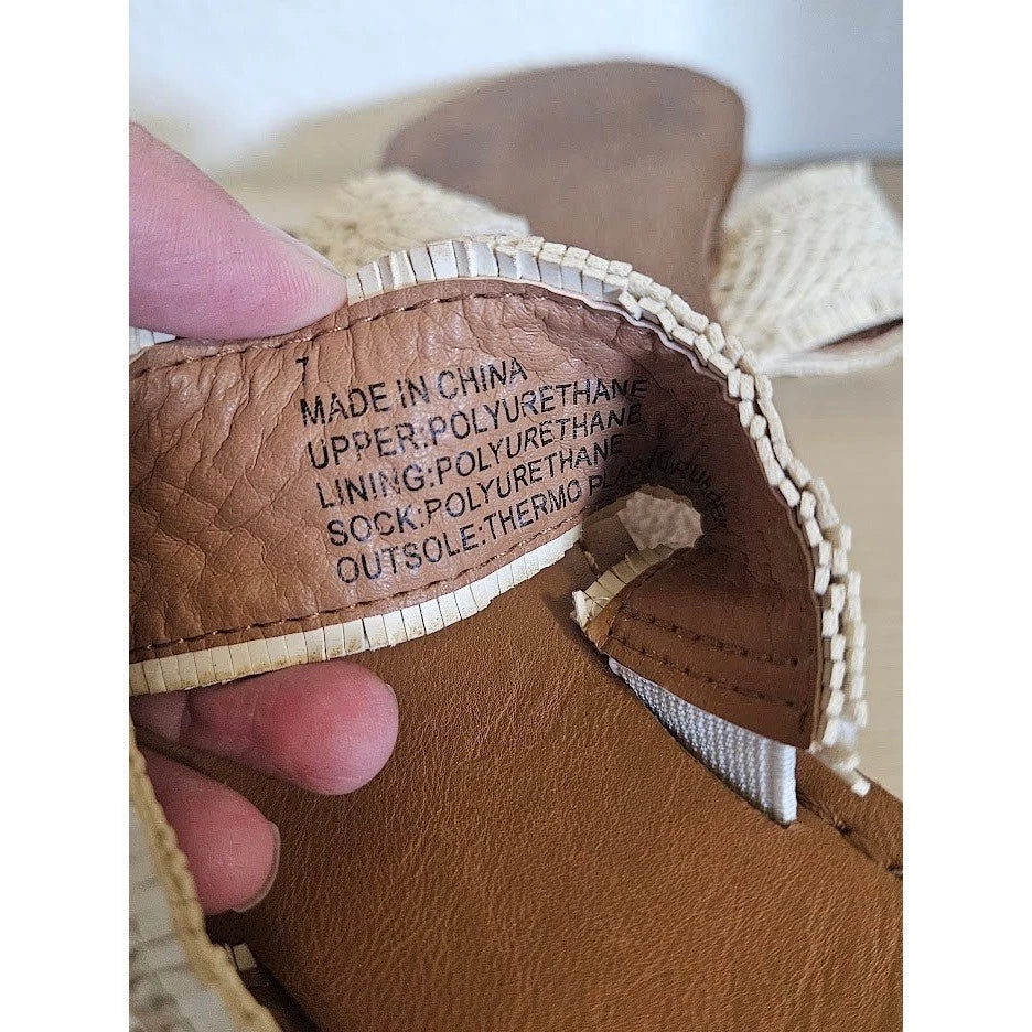 American Eagle Sandals Women Size 7 Cream Woven Double Strap Slide Boho Summer