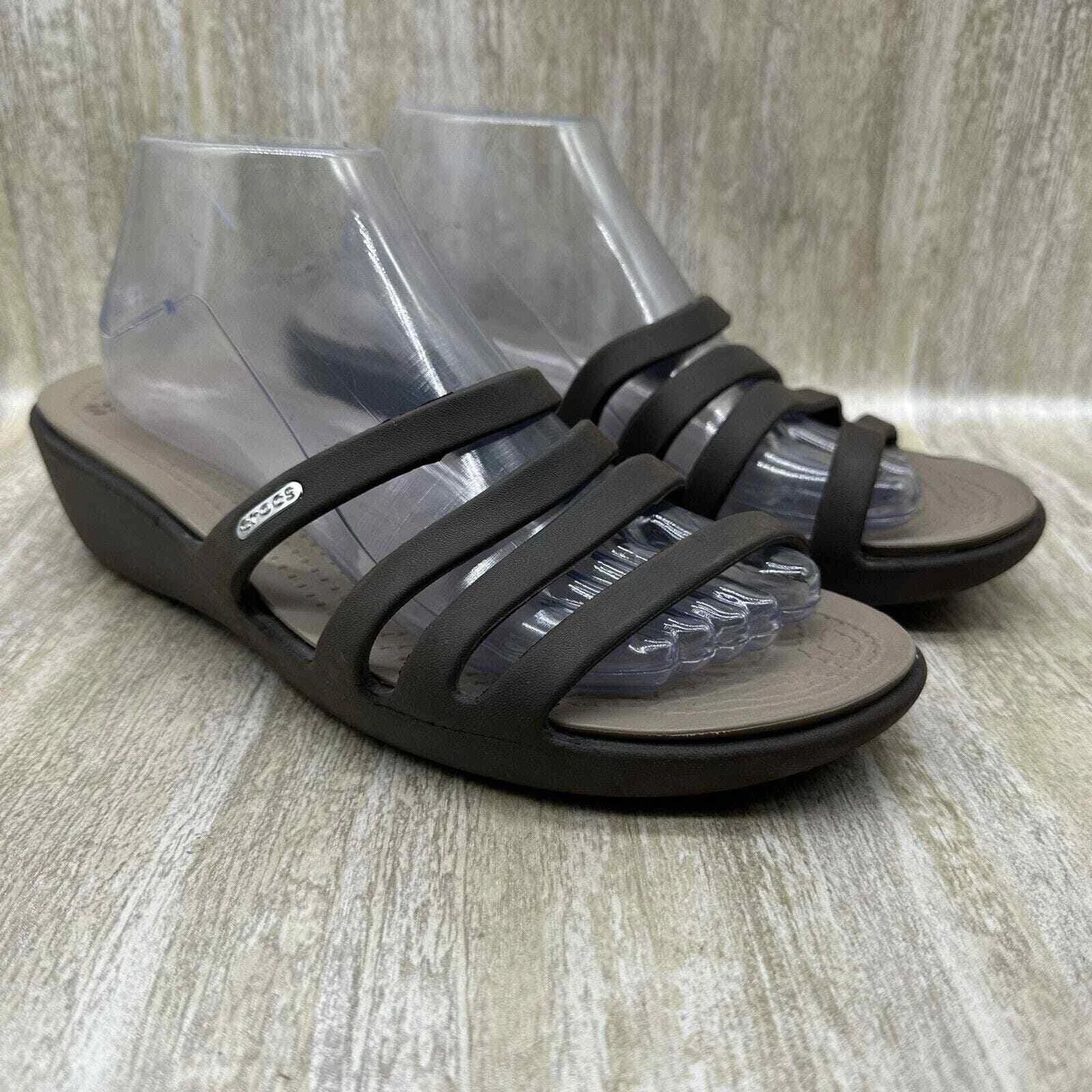 Crocs Rhonda Slides Wedge Strappy Slip On Sandals Brown Style 14706 Womens 10