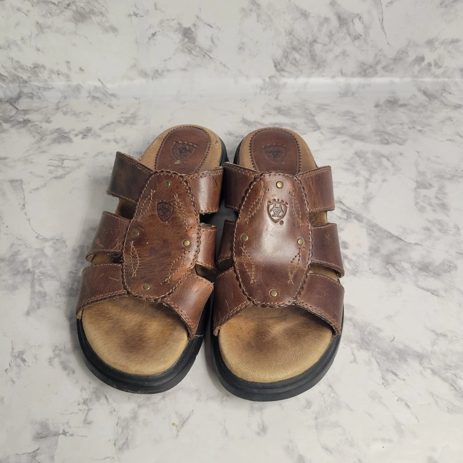 Ariat Brown Leathers Strap Brass Stud Slides Sandal Style 21443 Womens 6B Farm